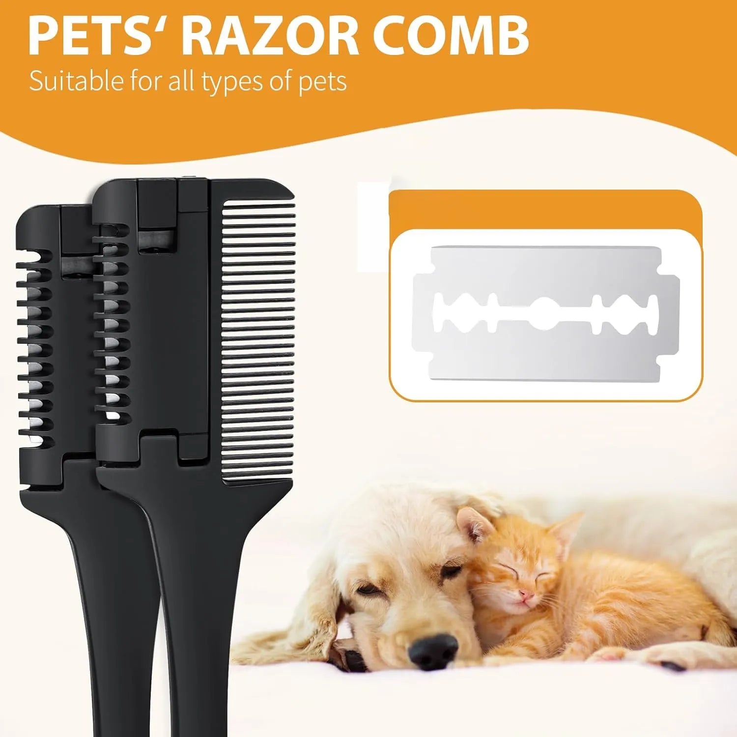 Pet razor comb grooming tool with comb teeth and integrated blade, includes replacement blades.