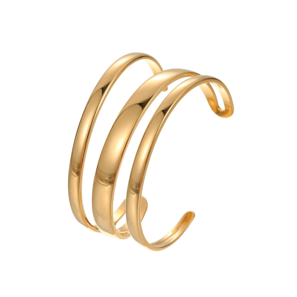 Stainless steel geometric bracelet with simple opening mechanism in gold or steel finish