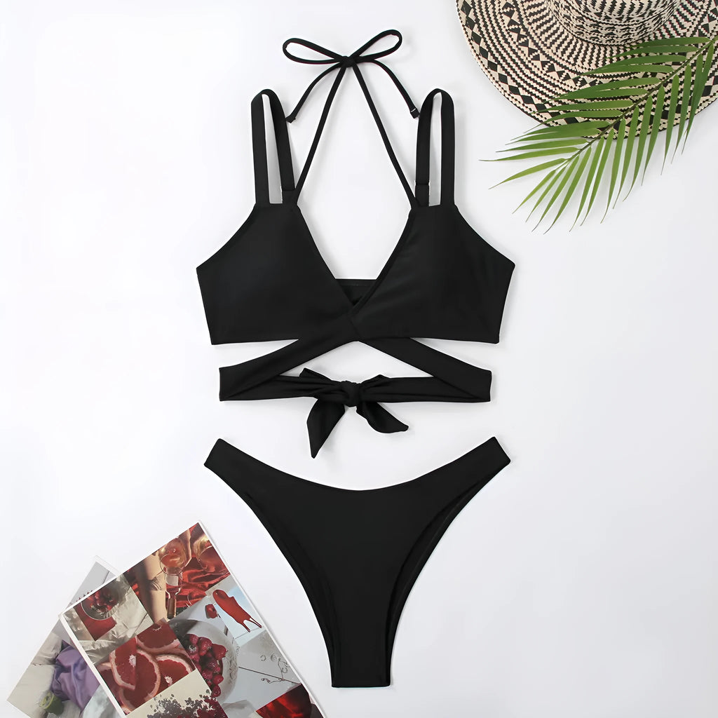 A solid colour women's bikini with straps, shown in a brief style, available in multiple colours.