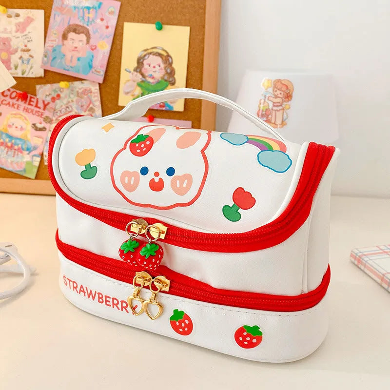 Girls multi-layer PU pencil bag 21cm long animal pattern blue with DIY stickers