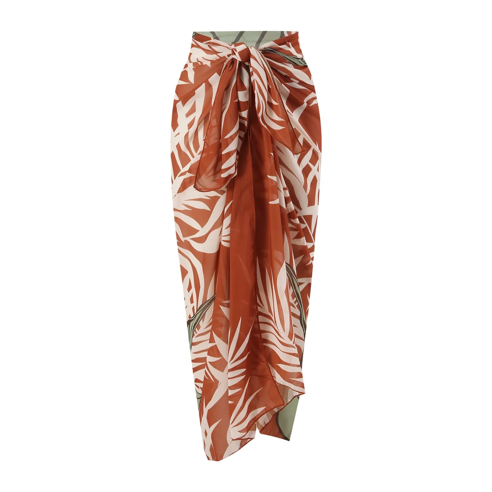 Women's brown high-waist push-up bikini with matching chiffon dress swimsuit set.