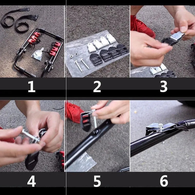 Black and red iron frame bike rack for car boot mounting, showing pull belt and tie rope fastenings.