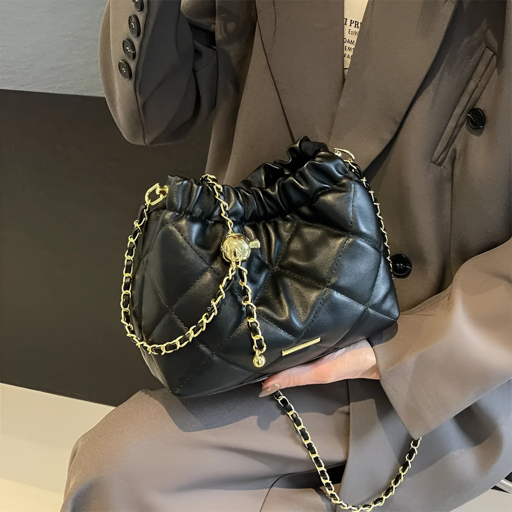 Women's casual rhombus shoulder bag chain messenger bag in PU, bucket shape, Beige colour, single strap