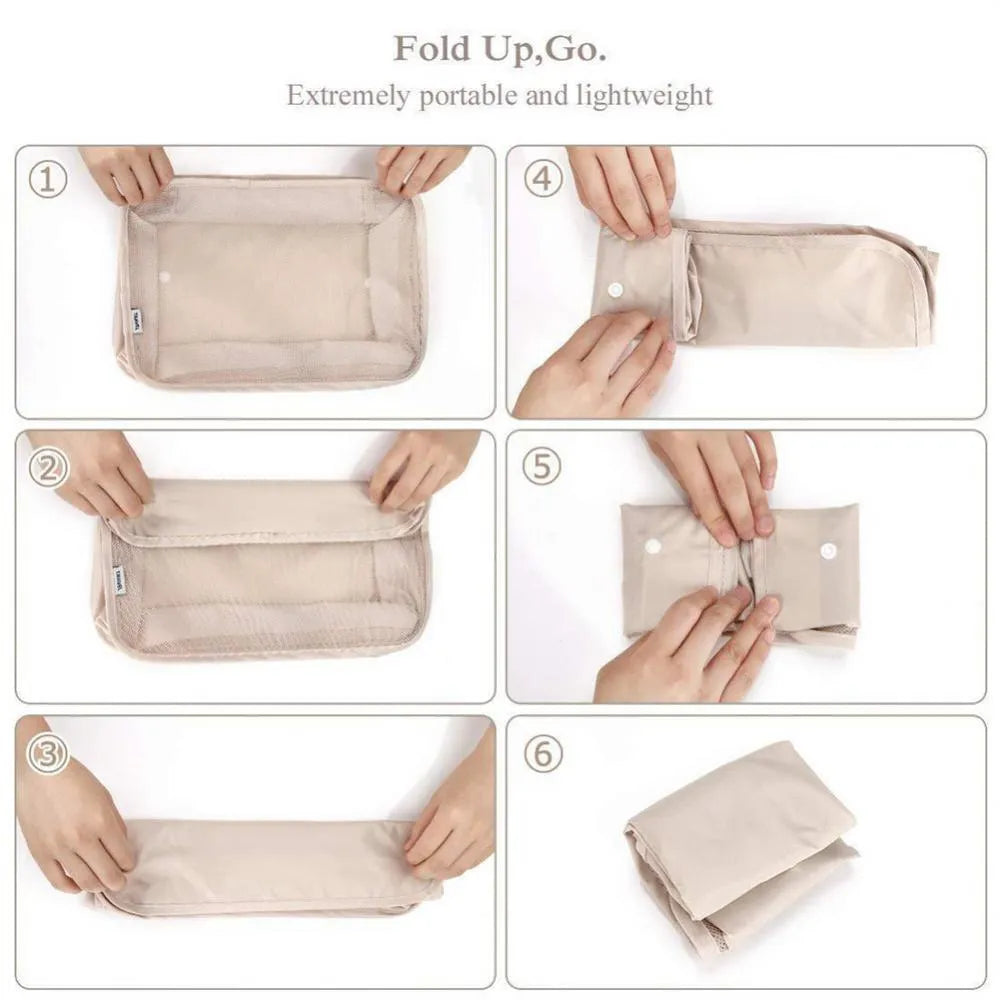 8-piece set of nylon packing cubes in various colours for travel storage of clothes, shoes, and toiletries