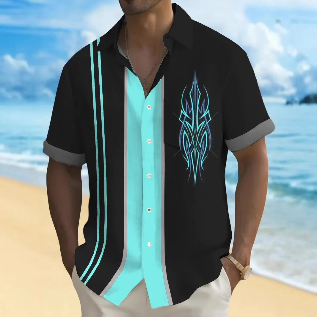 Multicolour printed loose-fit men's leisure shirt on a hanger
