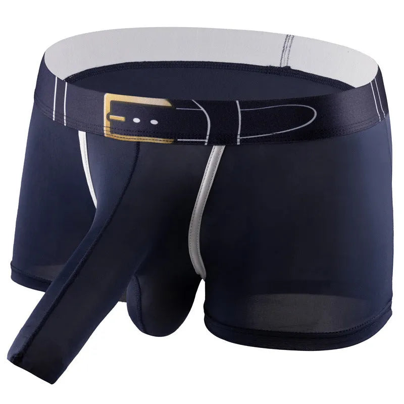 Men's solid colour ice silk boxer shorts on a grey background, showing the mid waist design and lightweight fabric texture.
