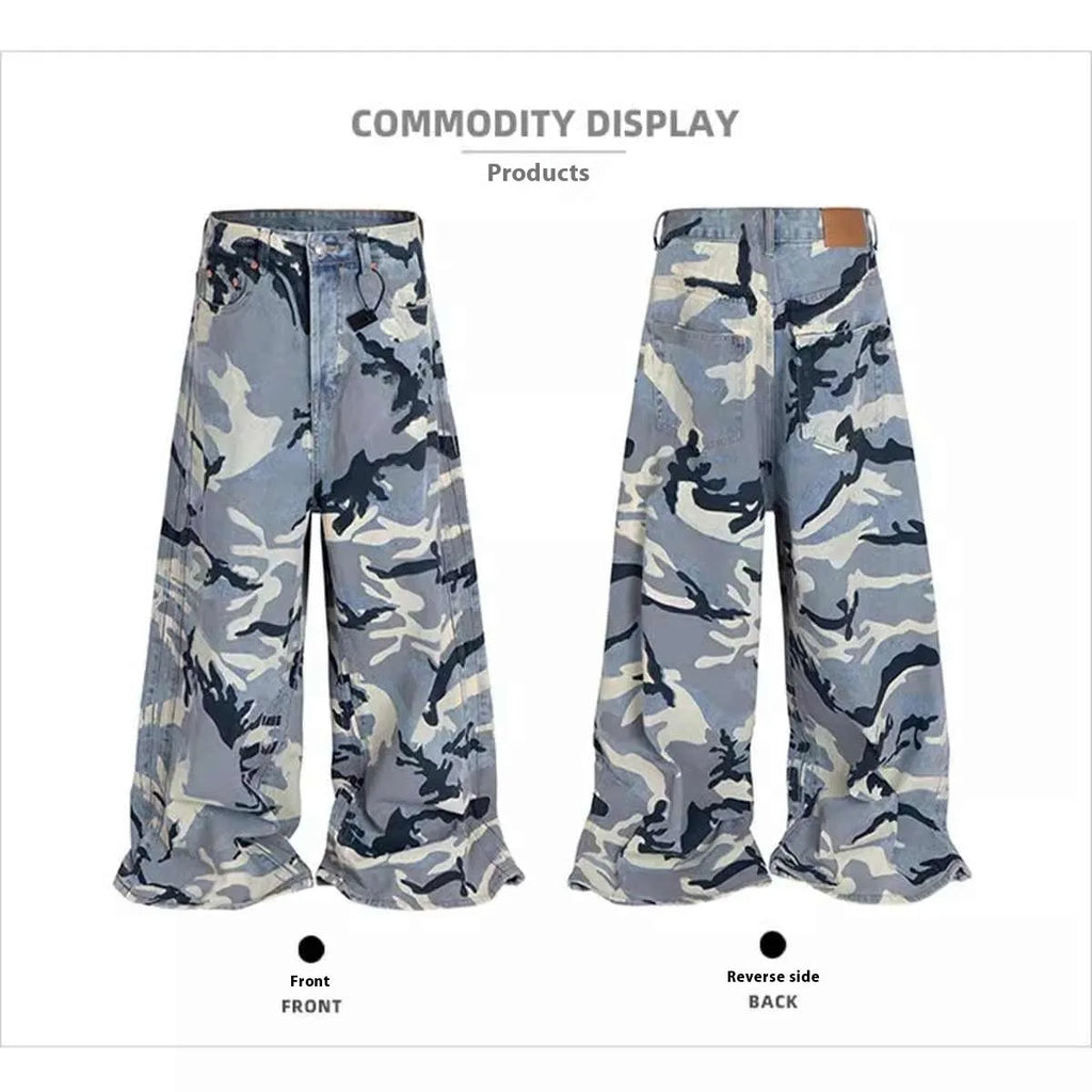 Snow camouflage blue loose fit denim jeans for men and women on a hanger.