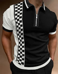 Loose lapel casual print T-shirt with zipper POLO neckline, polyester cloth, sizes S to 5XL, Black12 and Black2 colours.