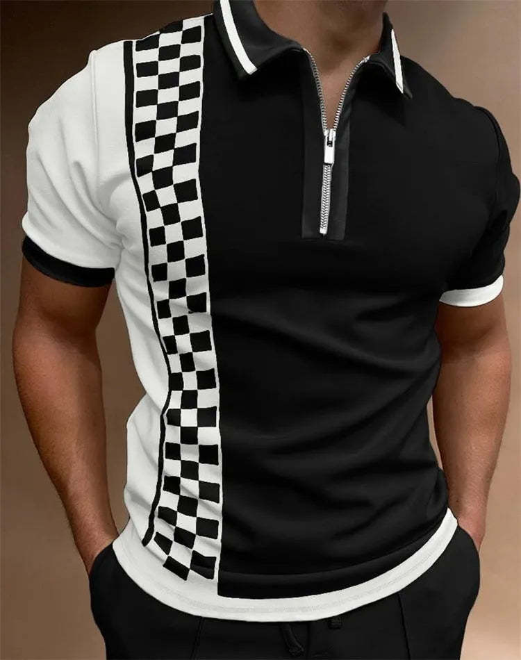 Loose lapel casual print T-shirt with zipper POLO neckline, polyester cloth, sizes S to 5XL, Black12 and Black2 colours.