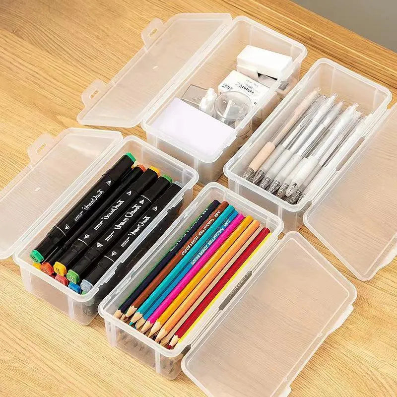 PP plastic transparent stationery storage box showing capacity for pencils and art supplies