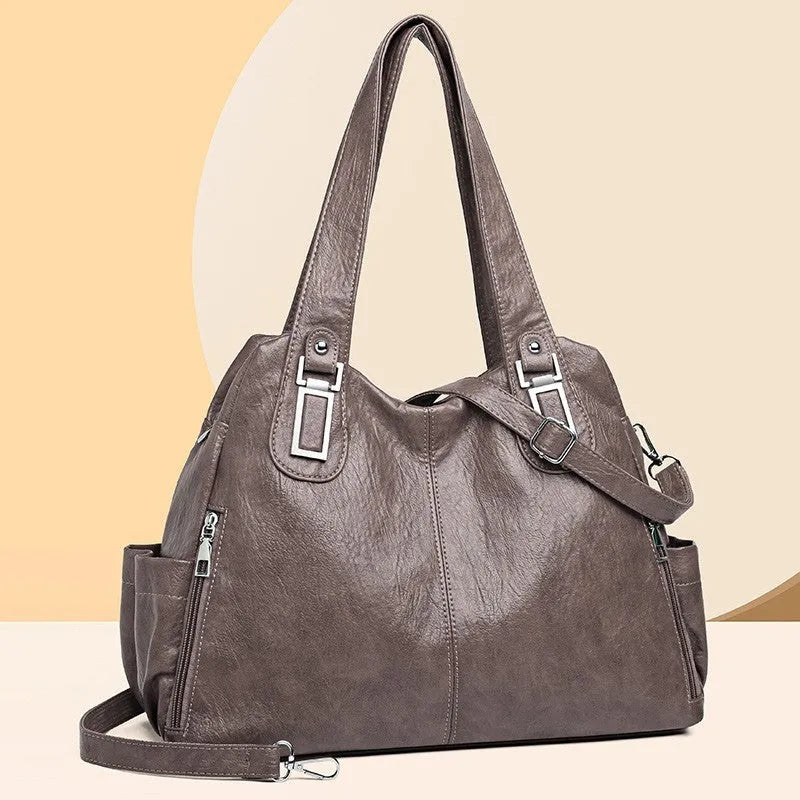 Women's soft PU tote bag with sandwich pocket, square vertical shape, in black, from 2024 European American style range.