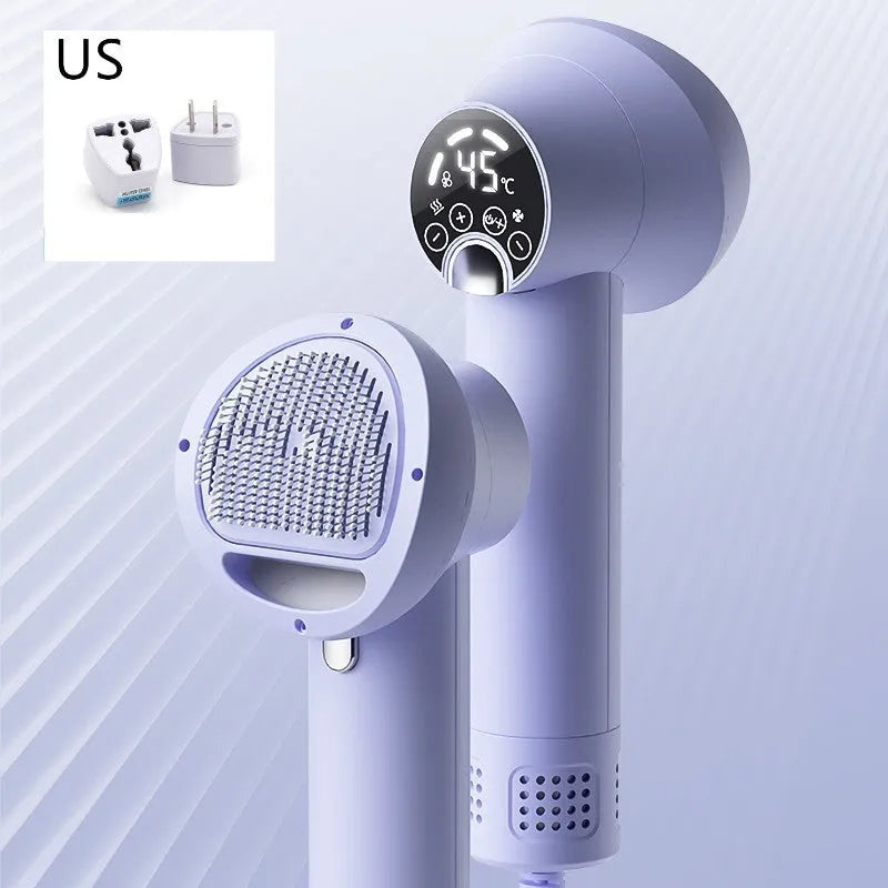 Smart pet hair dryer with blow and comb integrated 300W 40000 rpm in white on grey background with comb attachment visible