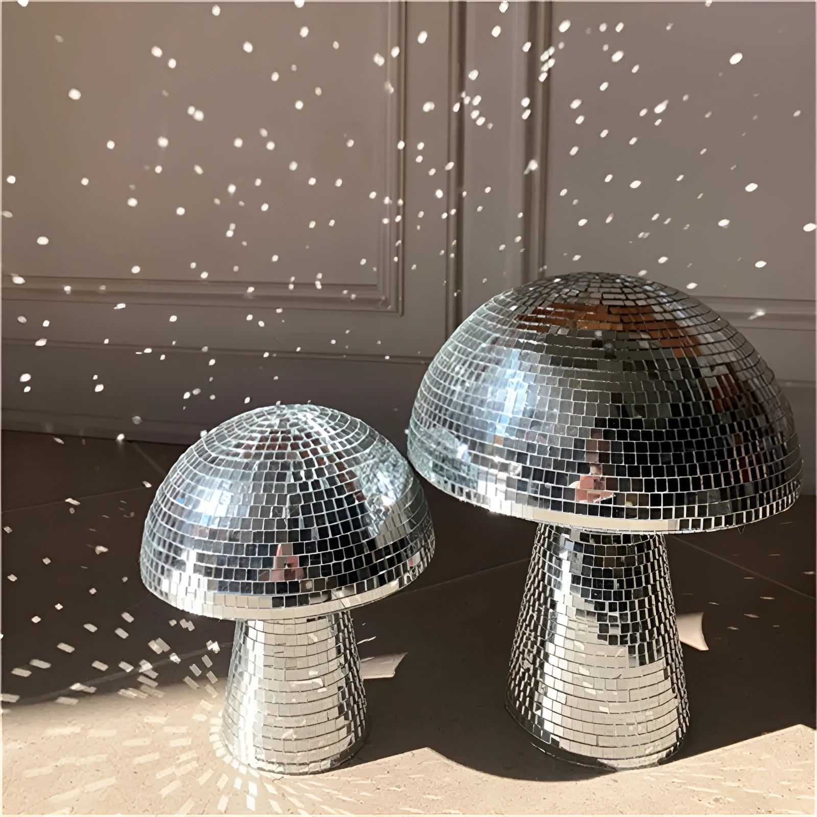 Handmade glass mushroom disco ball ornament with mirror brick upholstery in silver finish small size