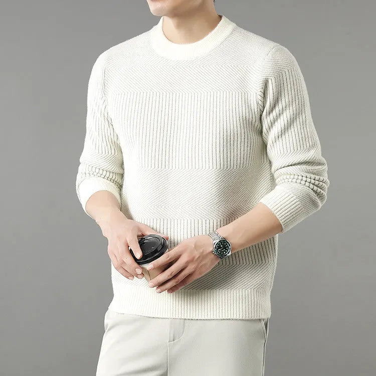 Men's round neck long sleeve chenille sweater in apricot, beige, or black, sizes 165-190, straight pullover casual top