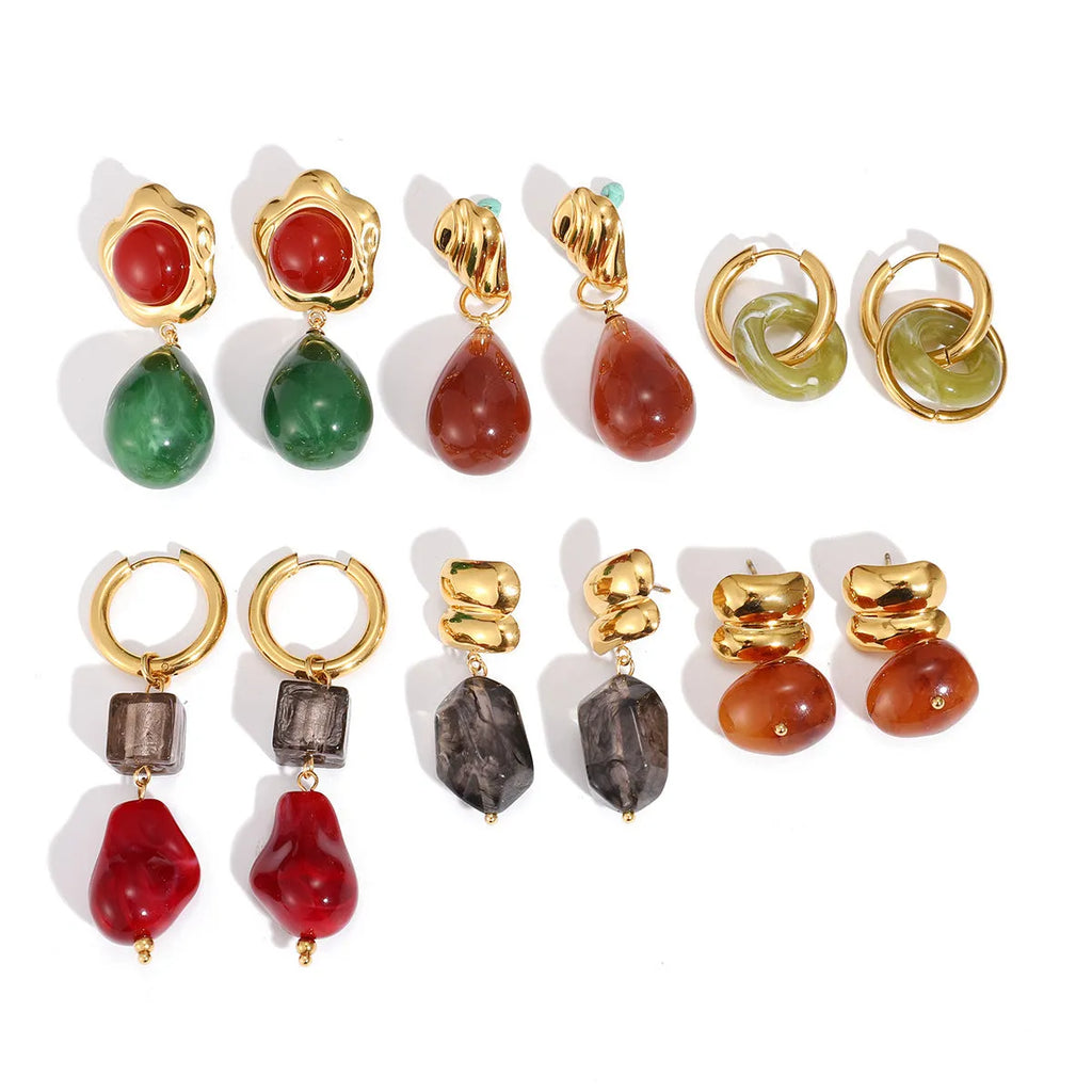 Geometric resin earrings for women with antique style and electroplated finish, available in eight colour options.