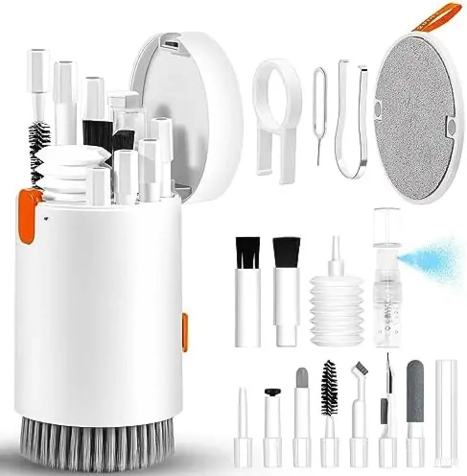 20 in 1 electronic cleaning kit with ABS tools in cylindrical black holder on white background