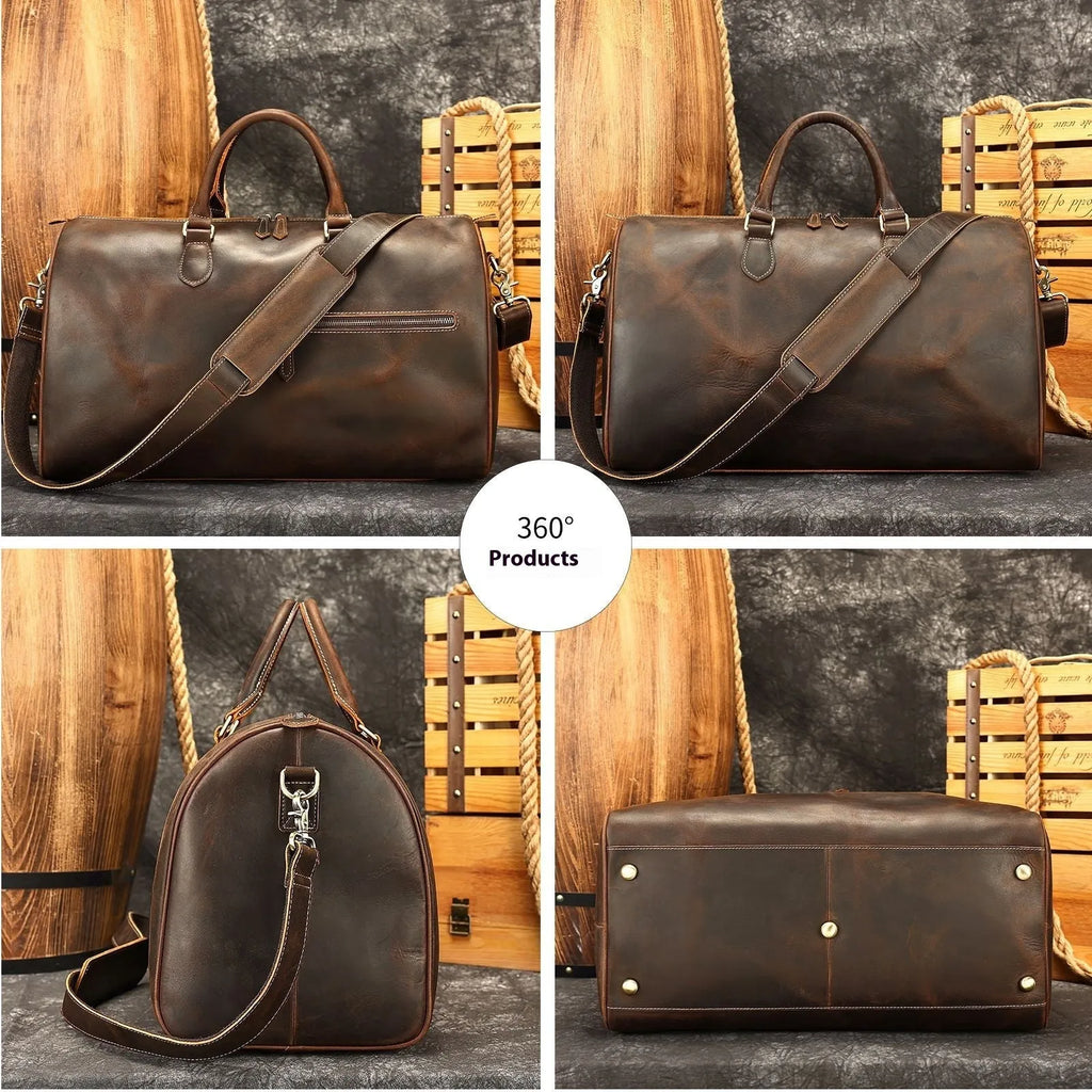 Genuine leather vintage crossbody bag showing 48.3cm width large capacity interior with polyester cotton lining