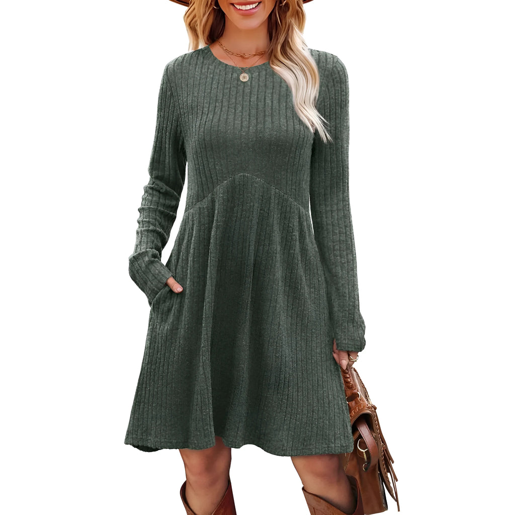 Women's bohemian brushed sunken stripe solid colour princess mid dress with wide waist, seven colours available