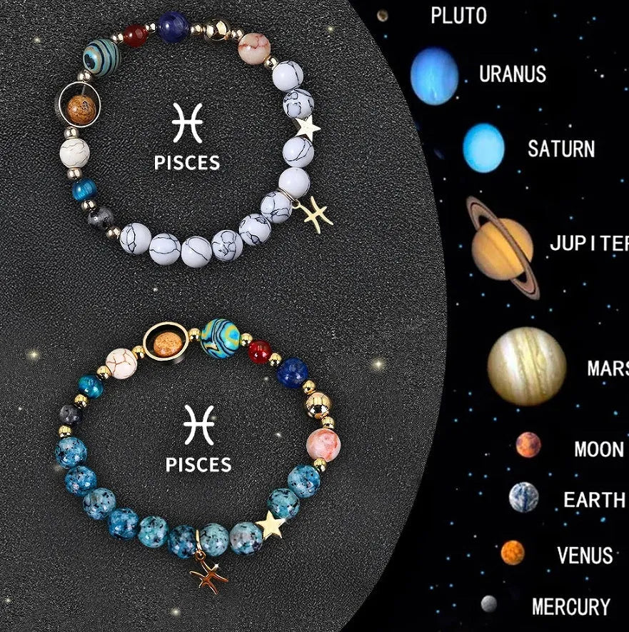 Two natural stone beaded bracelets with zodiac sign designs and adjustable string closures