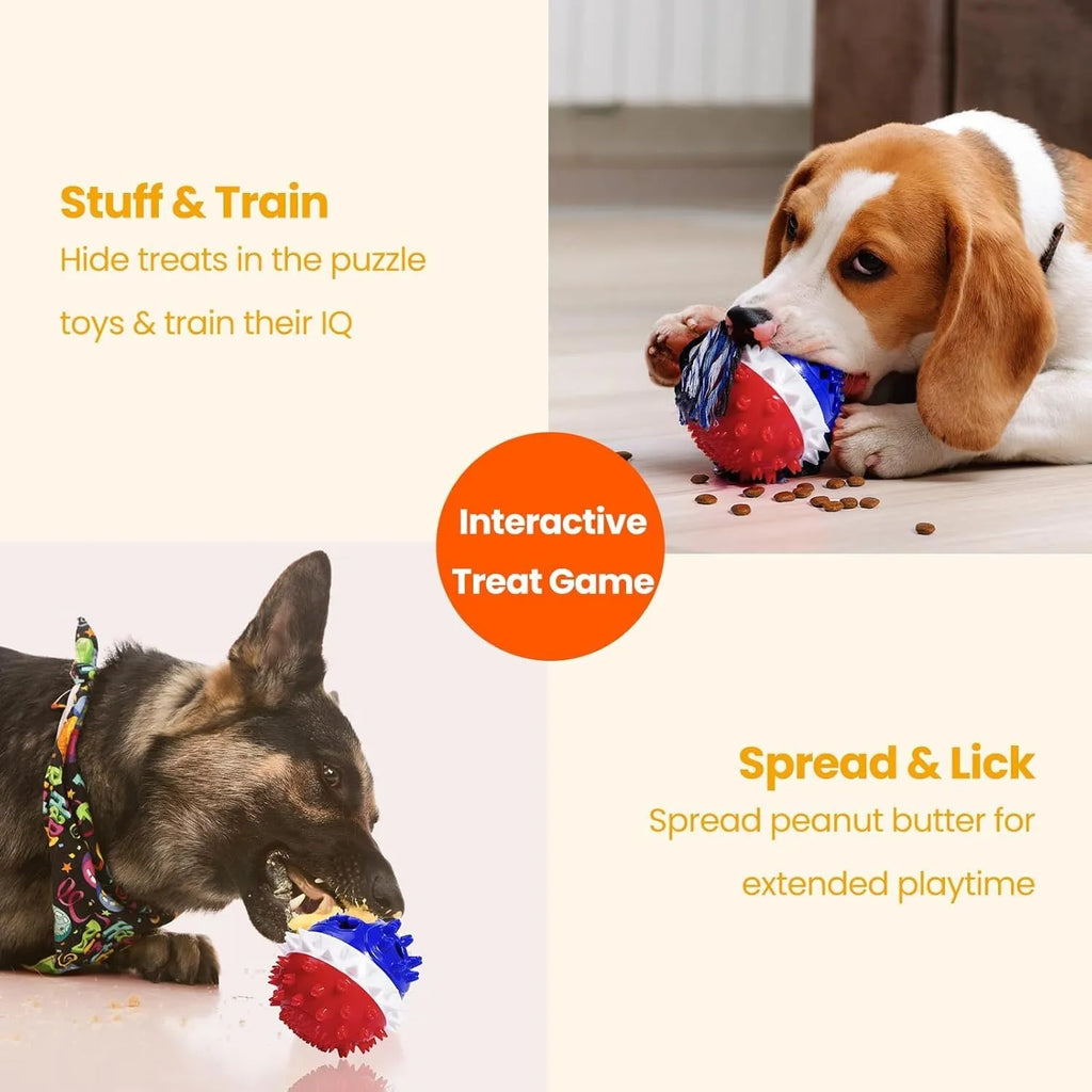 Blue and red squeaky dog chew toy with treat dispenser for aggressive chewing dogs