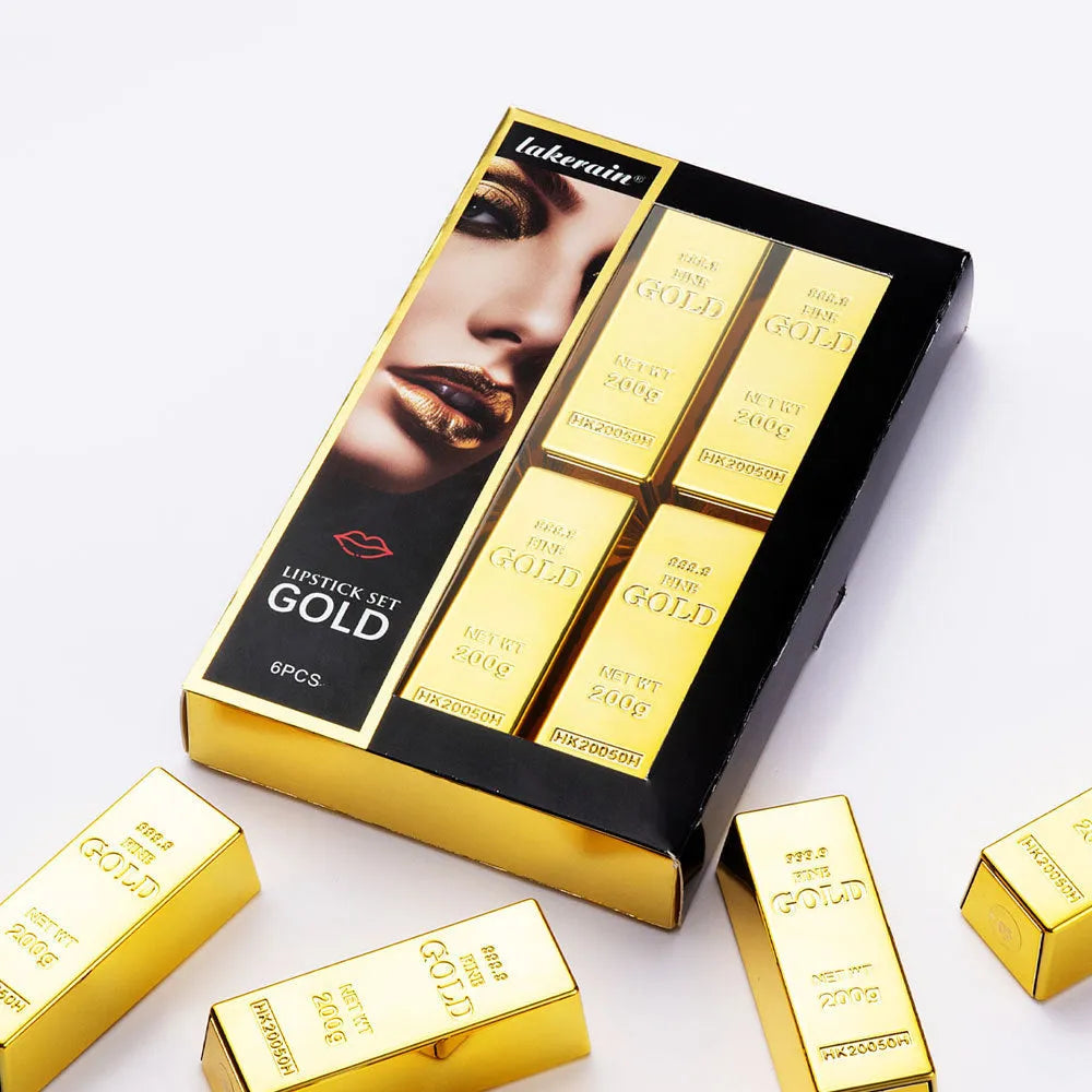 Gold brick lipstick kit set of 6 full coverage lipsticks in gold brick tube design