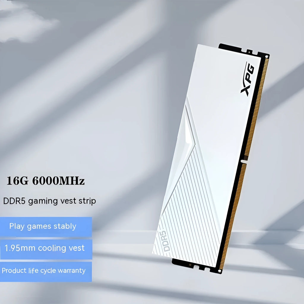 White single DDR5 desktop gaming memory module with 16G or 32G capacity and 6000 or 6400MHz speed options