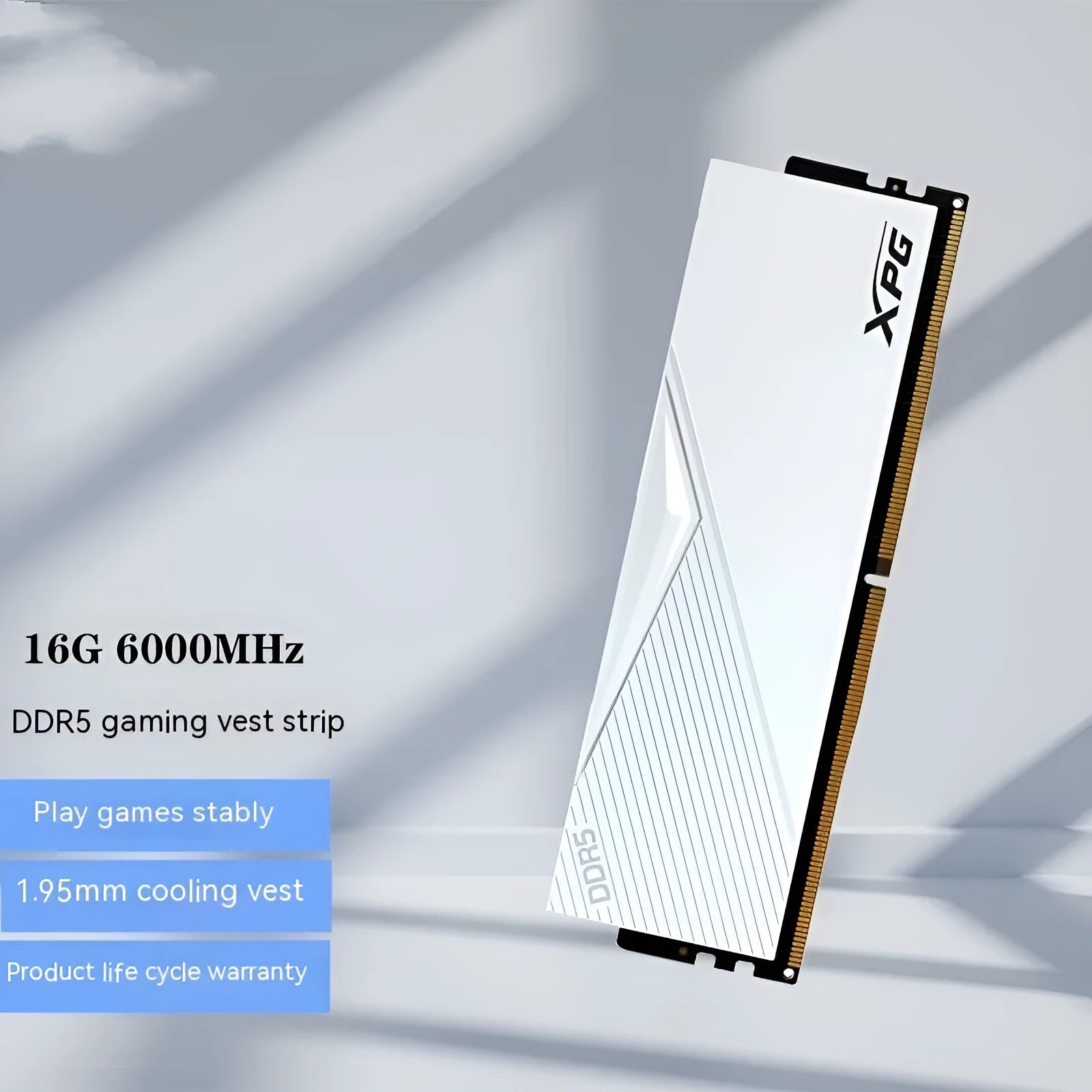 White single DDR5 desktop gaming memory module with 16G or 32G capacity and 6000 or 6400MHz speed options