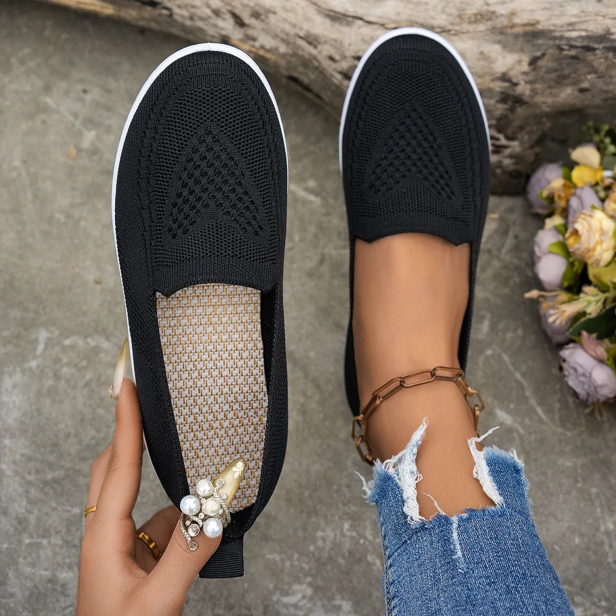 Women's mesh trainers with low flat heel and PVC sole, shown in a solid colour casual style
