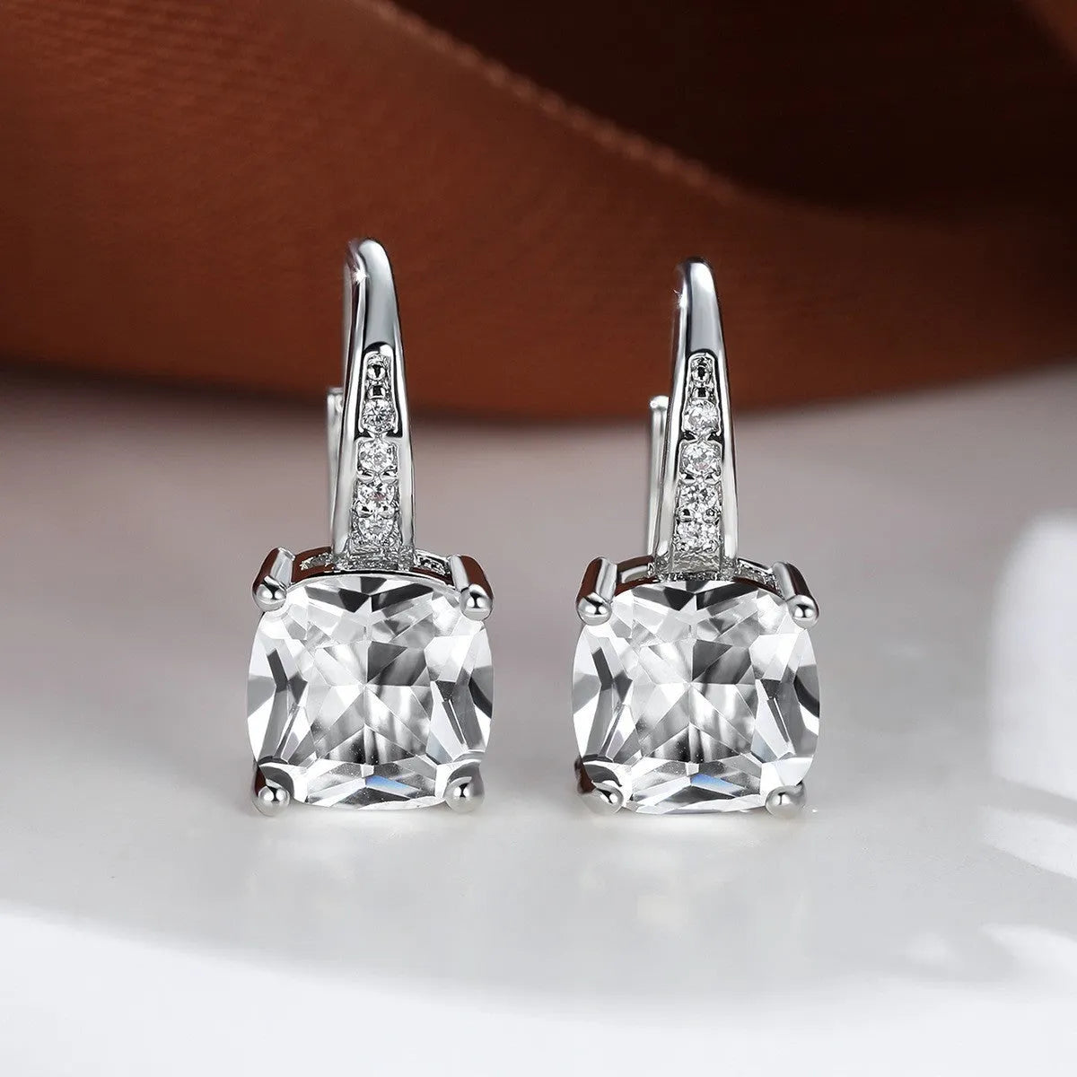 Square geometric ear hooks with round zircon inlays in gold, platinum, or rose gold finish
