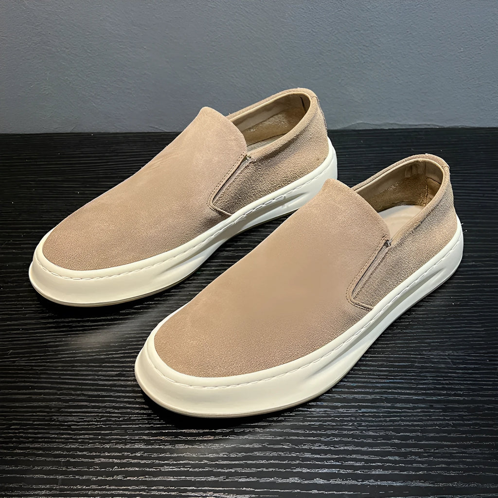 Men's apricot and grey casual slip-on shoes with round toe and rubber sole on a white background.
