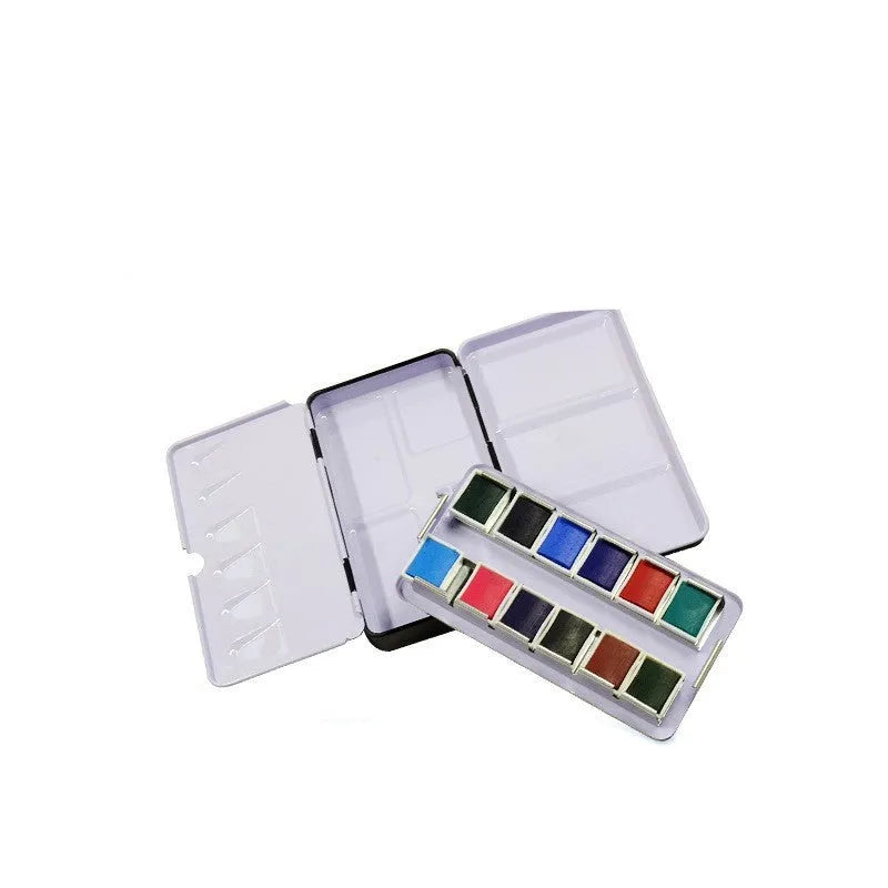 Square tinplate metal paint box for solid watercolours with folding compartment design.