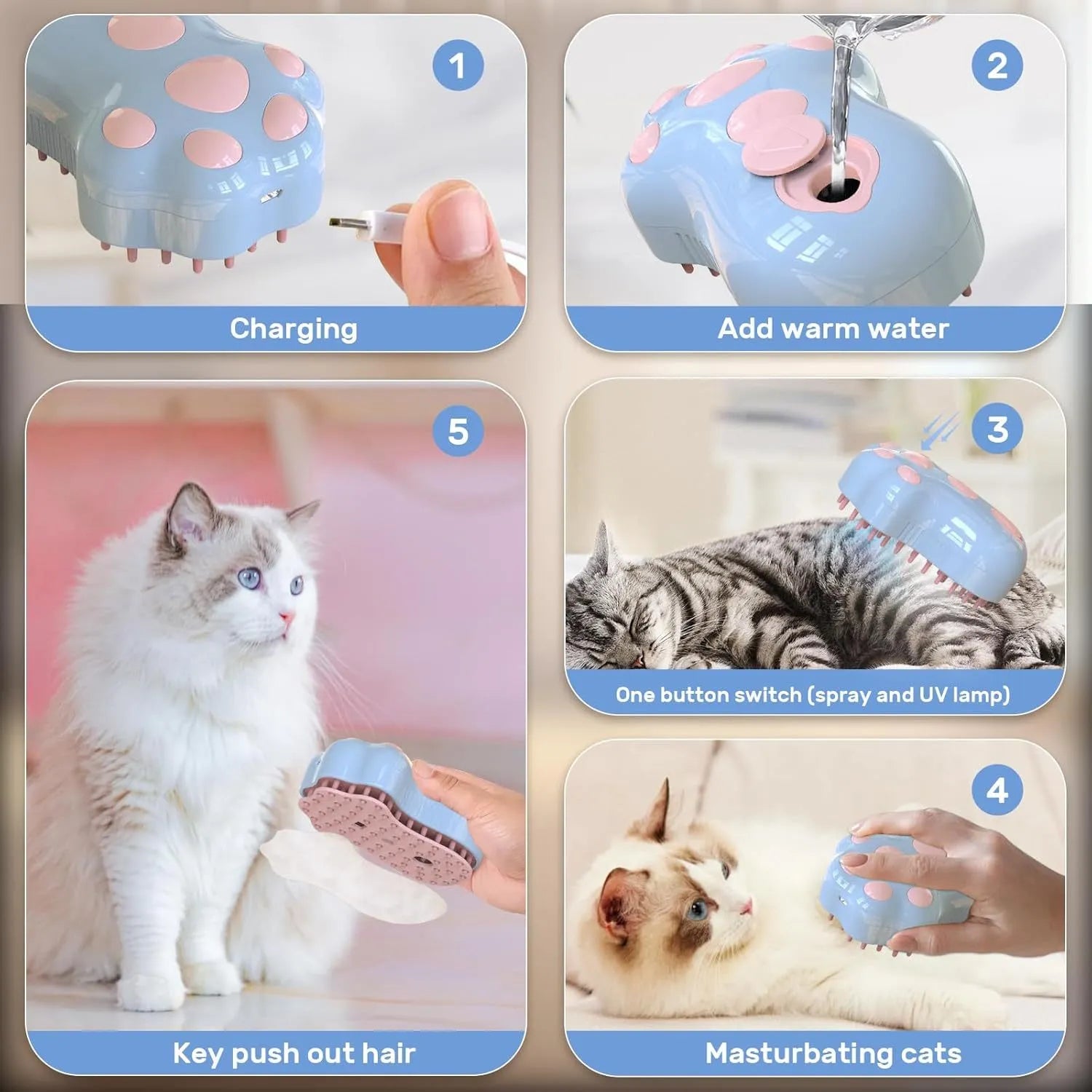 Blue self-cleaning cat steam brush with silicone bristles and rechargeable spray tank