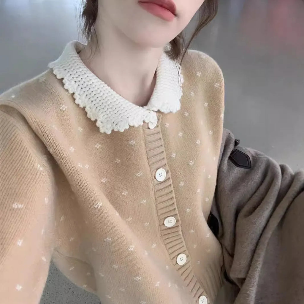 Retro Peter Pan collar knitted cardigan coat with floral embroidery in grey colour