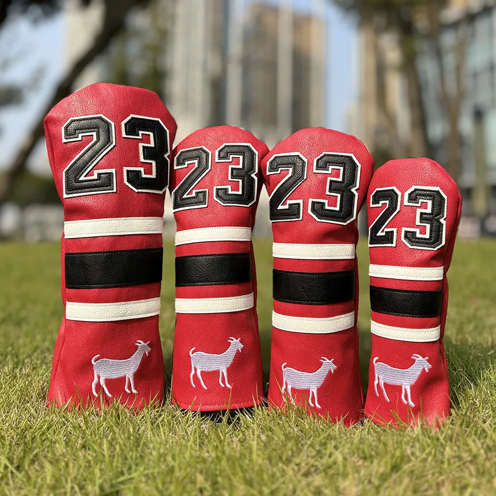 PU golf club sleeve for wooden pole sets in red, black, white, or yellow colours.