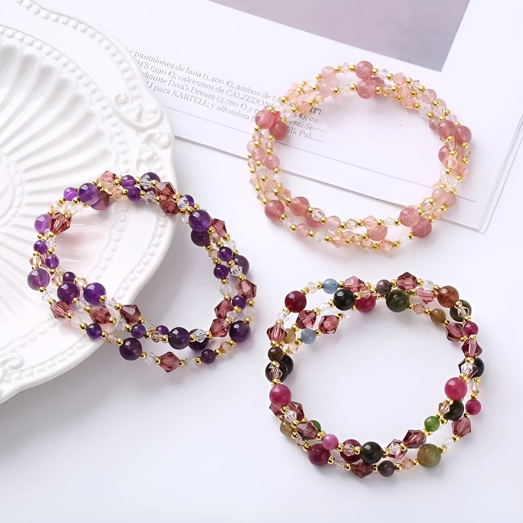 Three-ring adjustable crystal bracelet in tourmaline, strawberry quartz, or amethyst with 51-52cm length