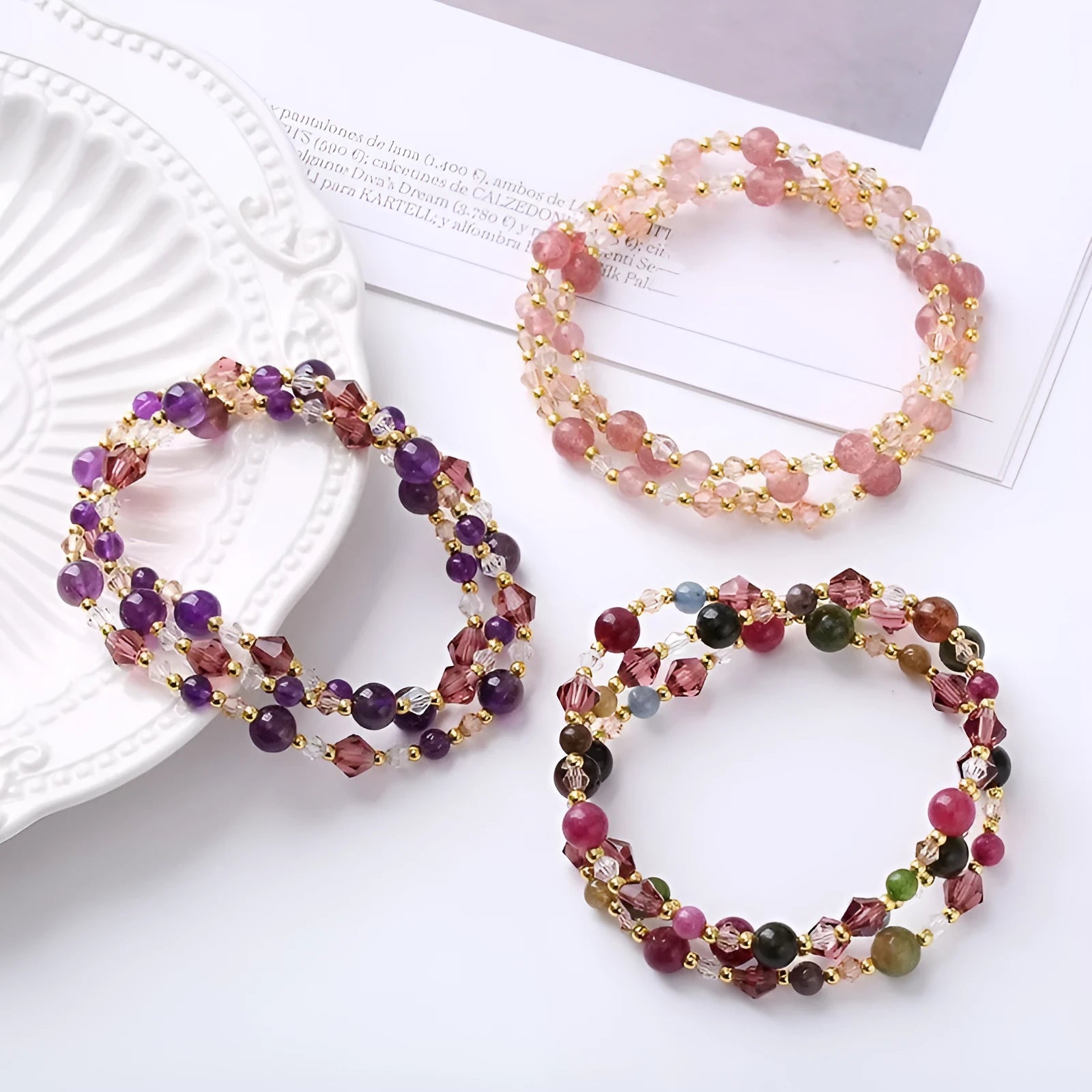 Three-ring adjustable crystal bracelet in tourmaline, strawberry quartz, or amethyst with 51-52cm length