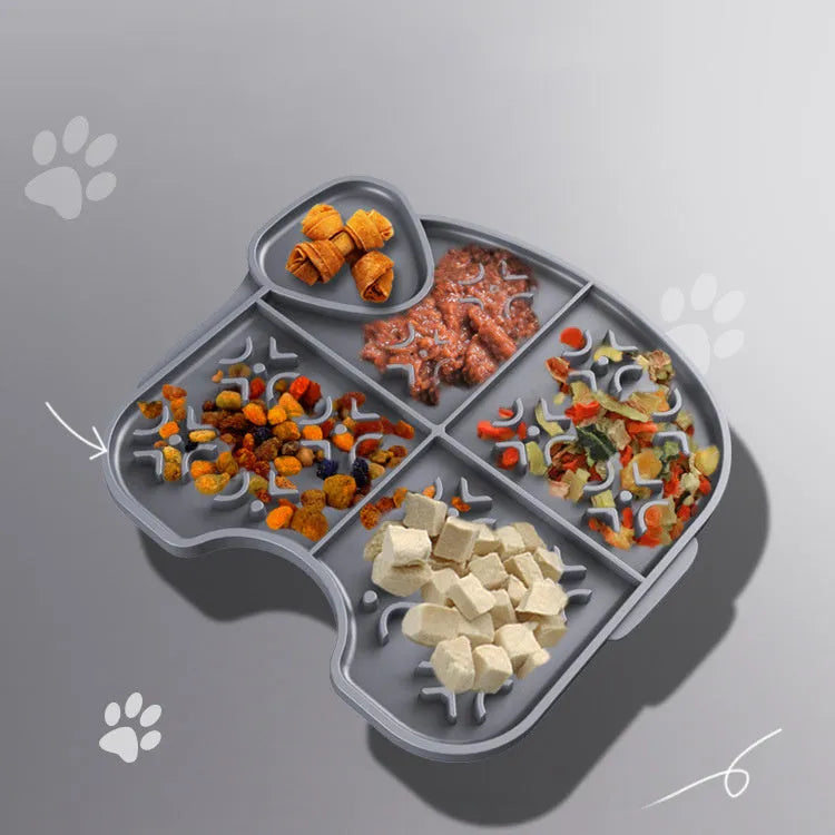 Gray silicone pet slow food pad with suction cups under a pet bowl