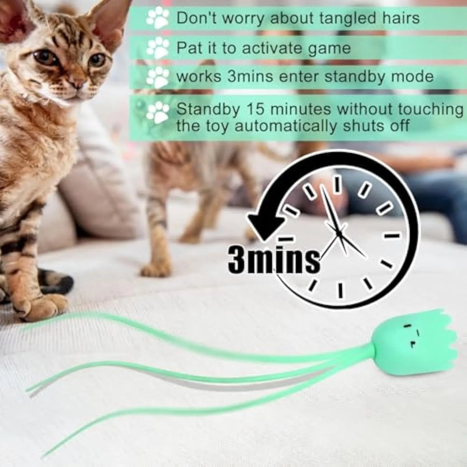 Green interactive cat toy with electronic wand and swinging silicone tails for indoor cats