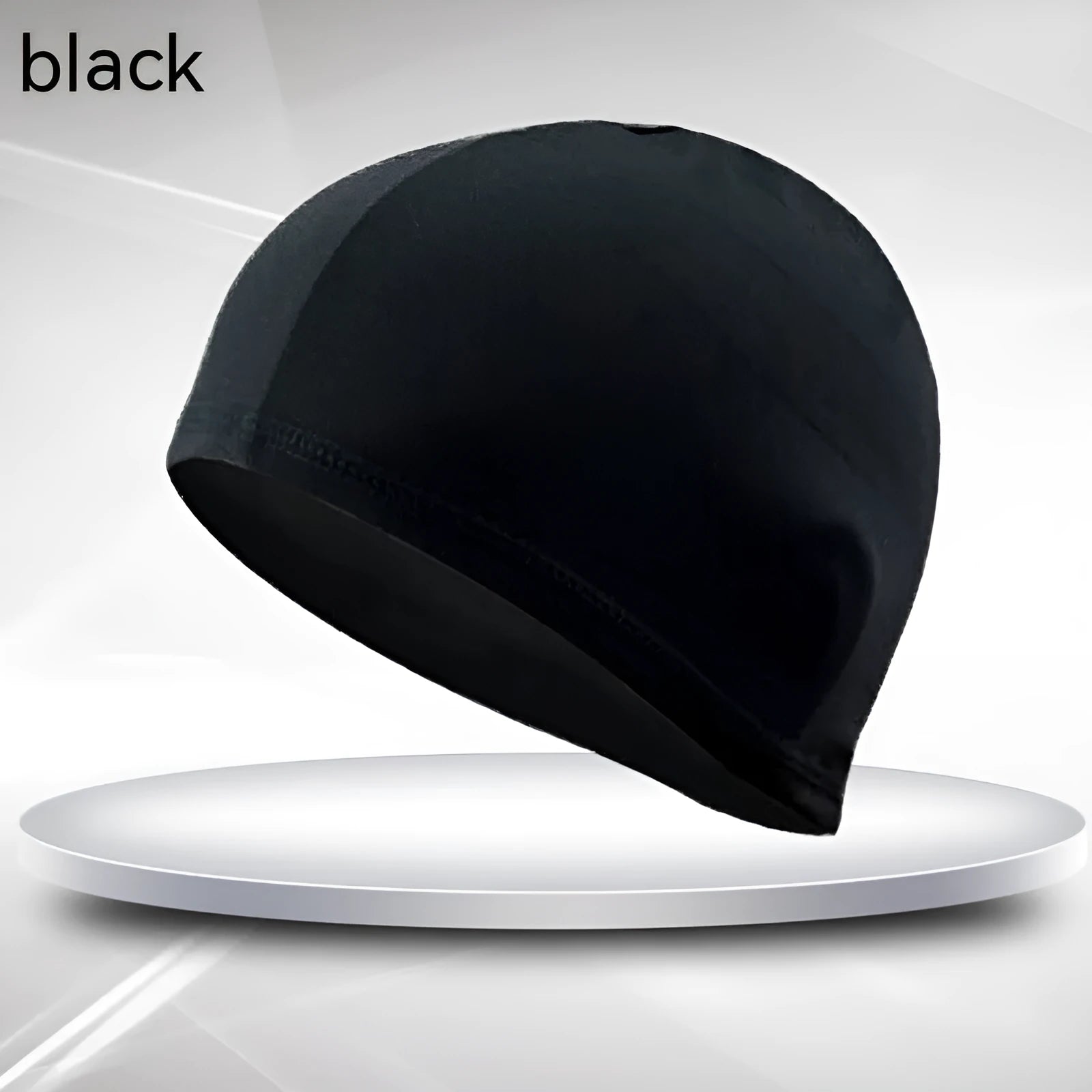 Black polyester cloth swim cap with single line detail for adult swimming