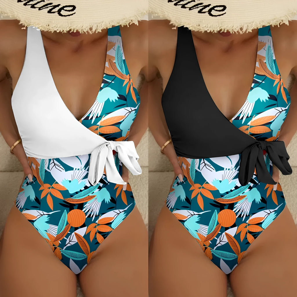 Women's high waist one-piece swimsuit in a printed pattern, shown in black and white colour options.