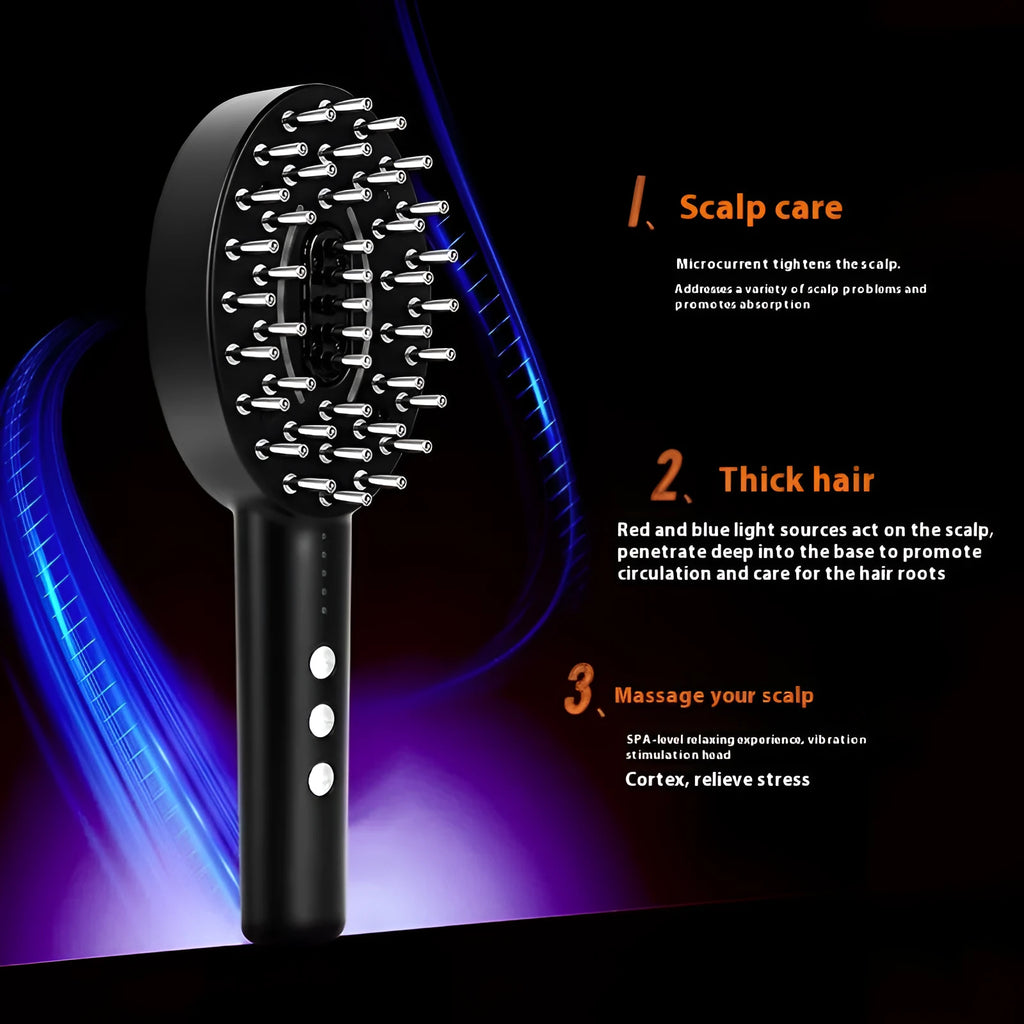 KD3802 Black scalp massage device with charging cable on a table.