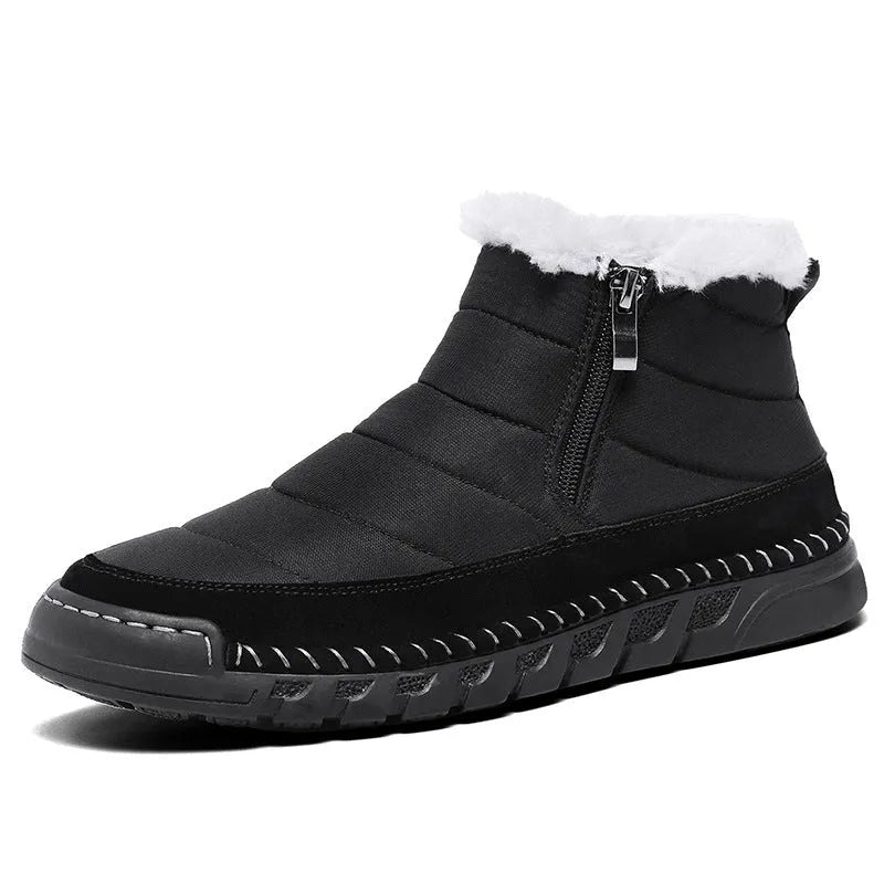 Men's plus size solid colour snow boot with round toe and flat heel on a non-slip rubber sole.