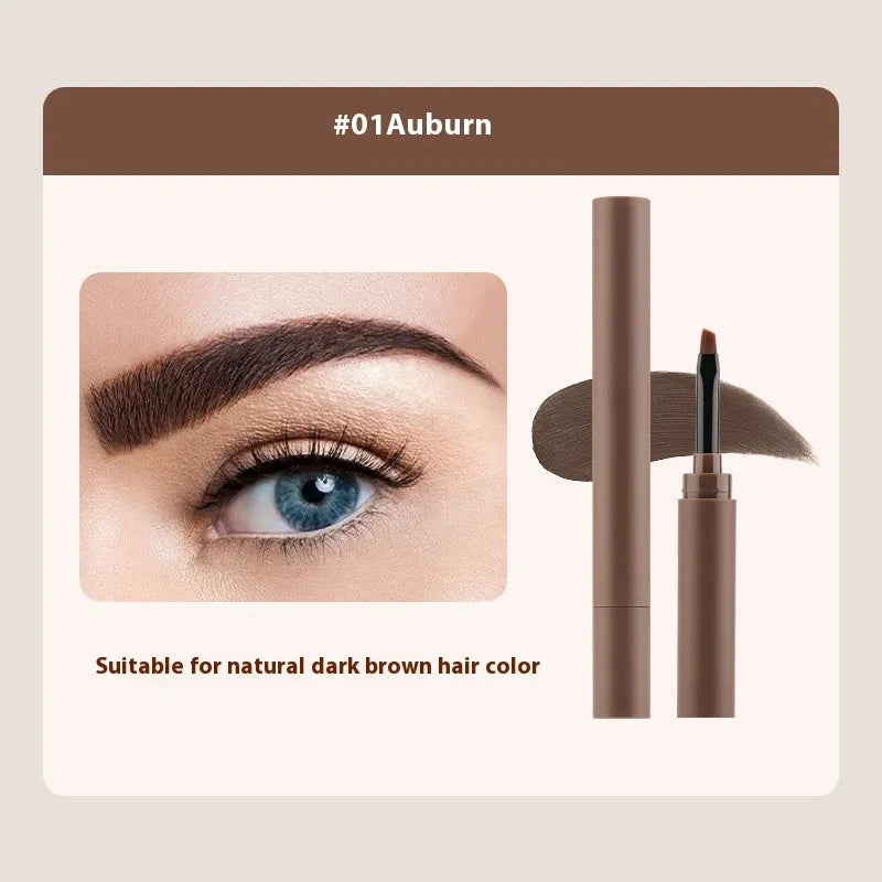 Double-headed eyebrow cream tube showing five shade options: reddish brown, brown, light brown, dark brown, and black.