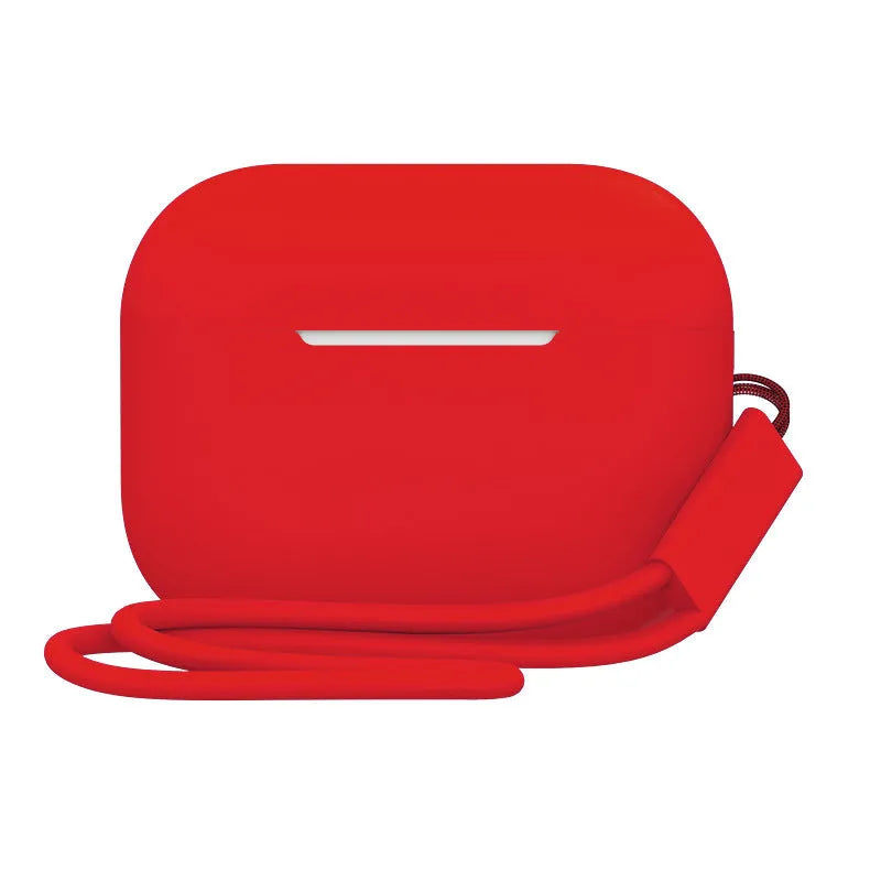 Silicone protective case cover for AirPods Pro 2 with attached lanyard, solid colour finish, 65x52x26mm