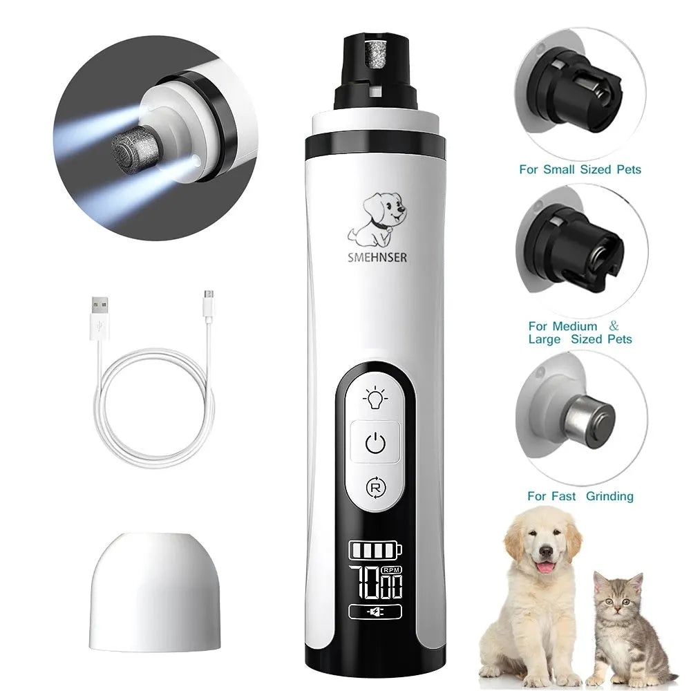 White electric dog nail trimmer with a grinding head, LED light display, and a dust collection compartment on a grey background.