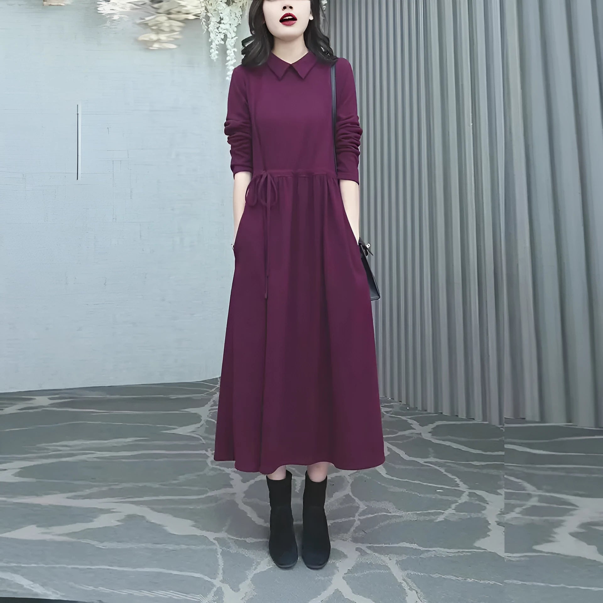 Purplish red long-sleeve maxi dress on a model, showing full-length 130-140cm skirt and urban style tailoring.