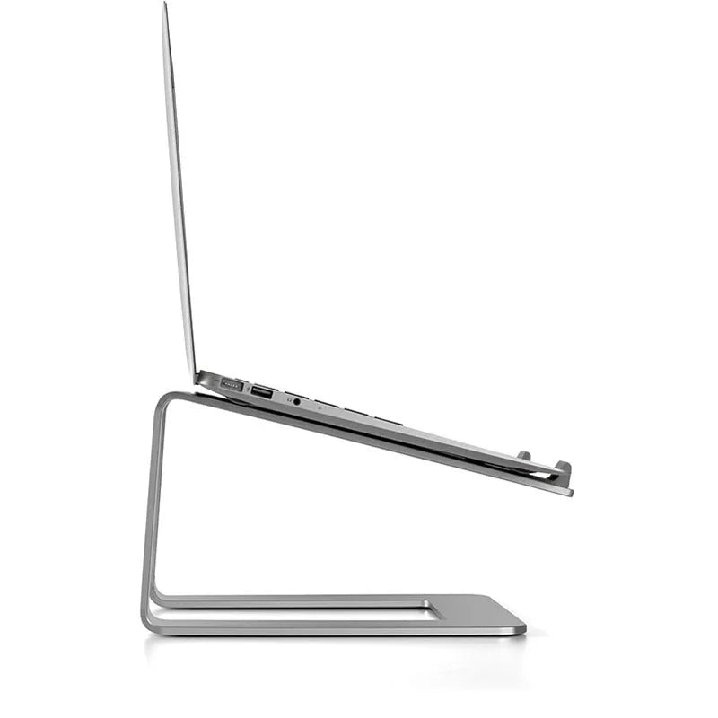 Black aluminium alloy laptop stand on desk showing dimensions and open-frame design