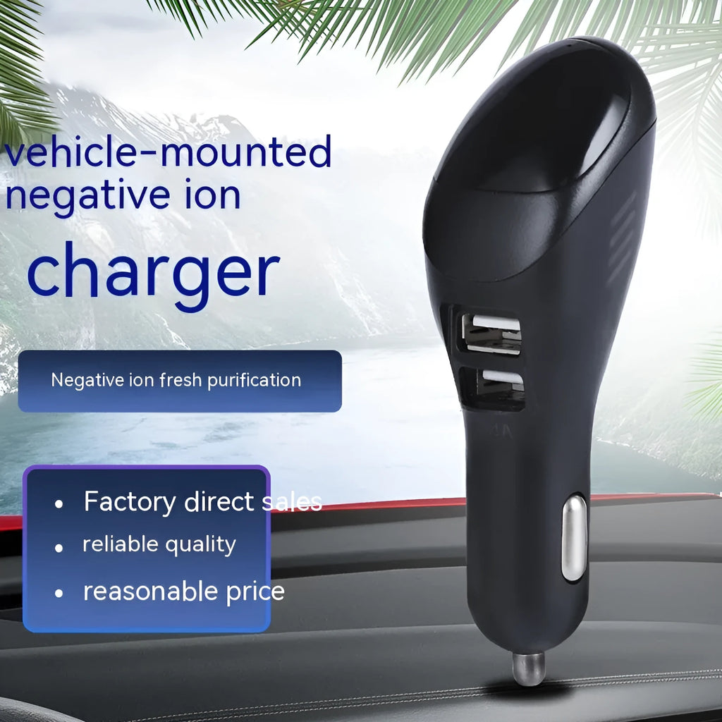 White car USB charger with negative ion purifier showing compact dimensions
