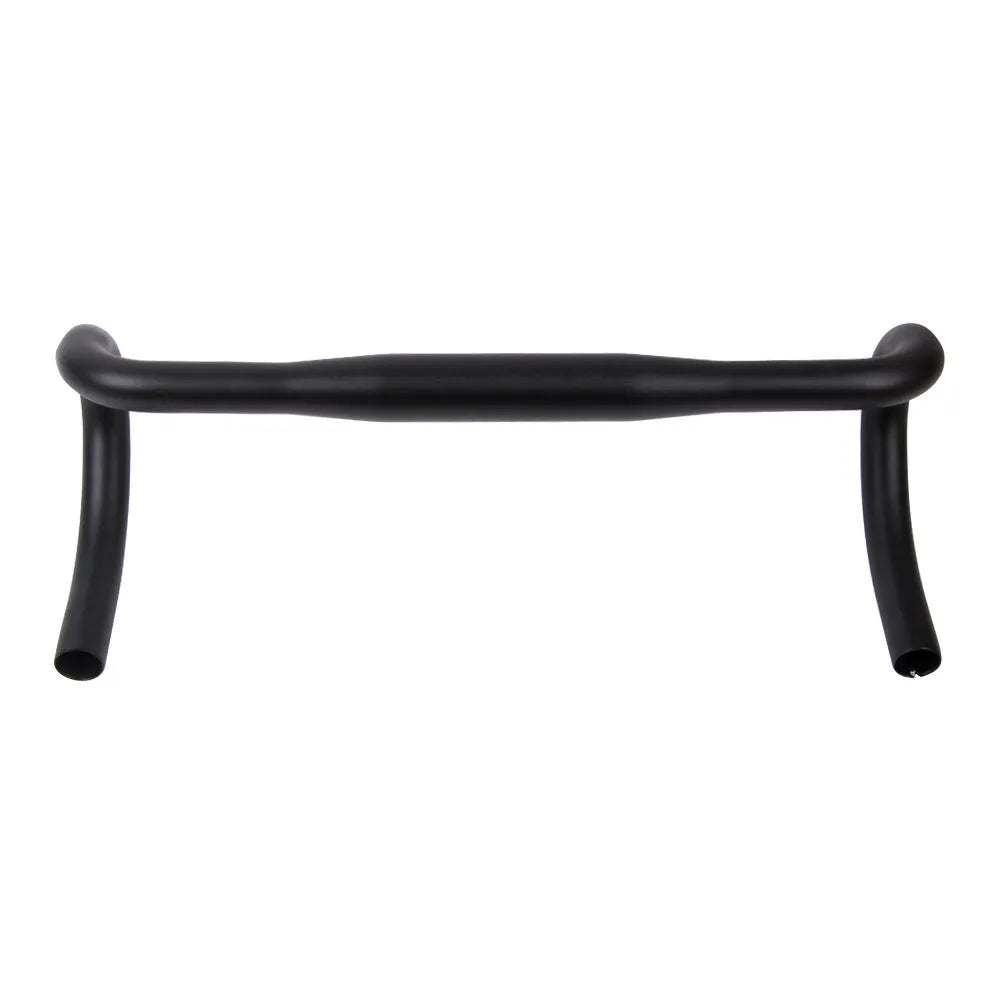 UNO aluminium road bike drop handlebar in black, showing curved drop shape and printing mark.