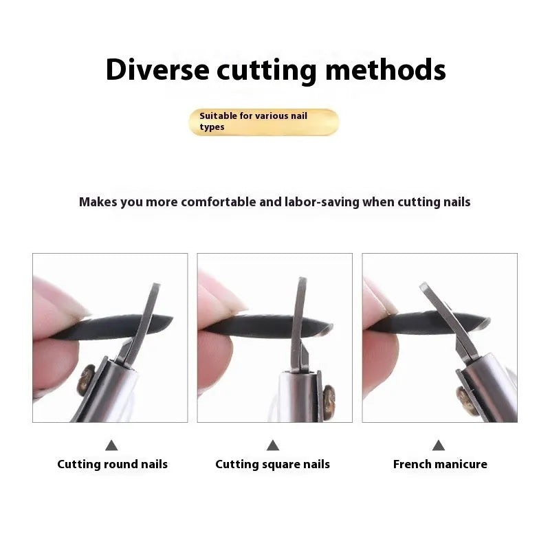 Stainless steel nail art scissors showing French U-shaped blades and available colour options.